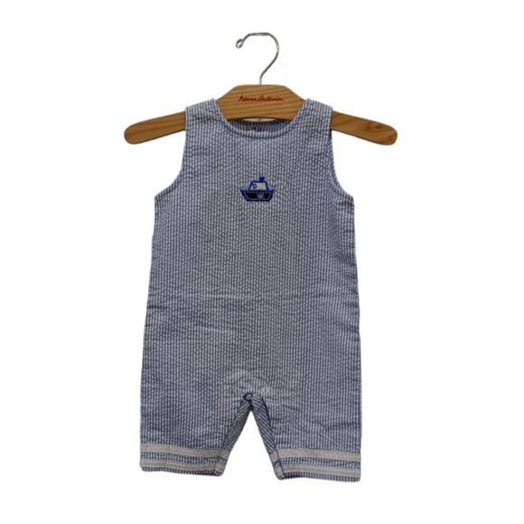 Agabang Blue seersucker sailboat romper boys size 9 mo - Picture 1 of 5